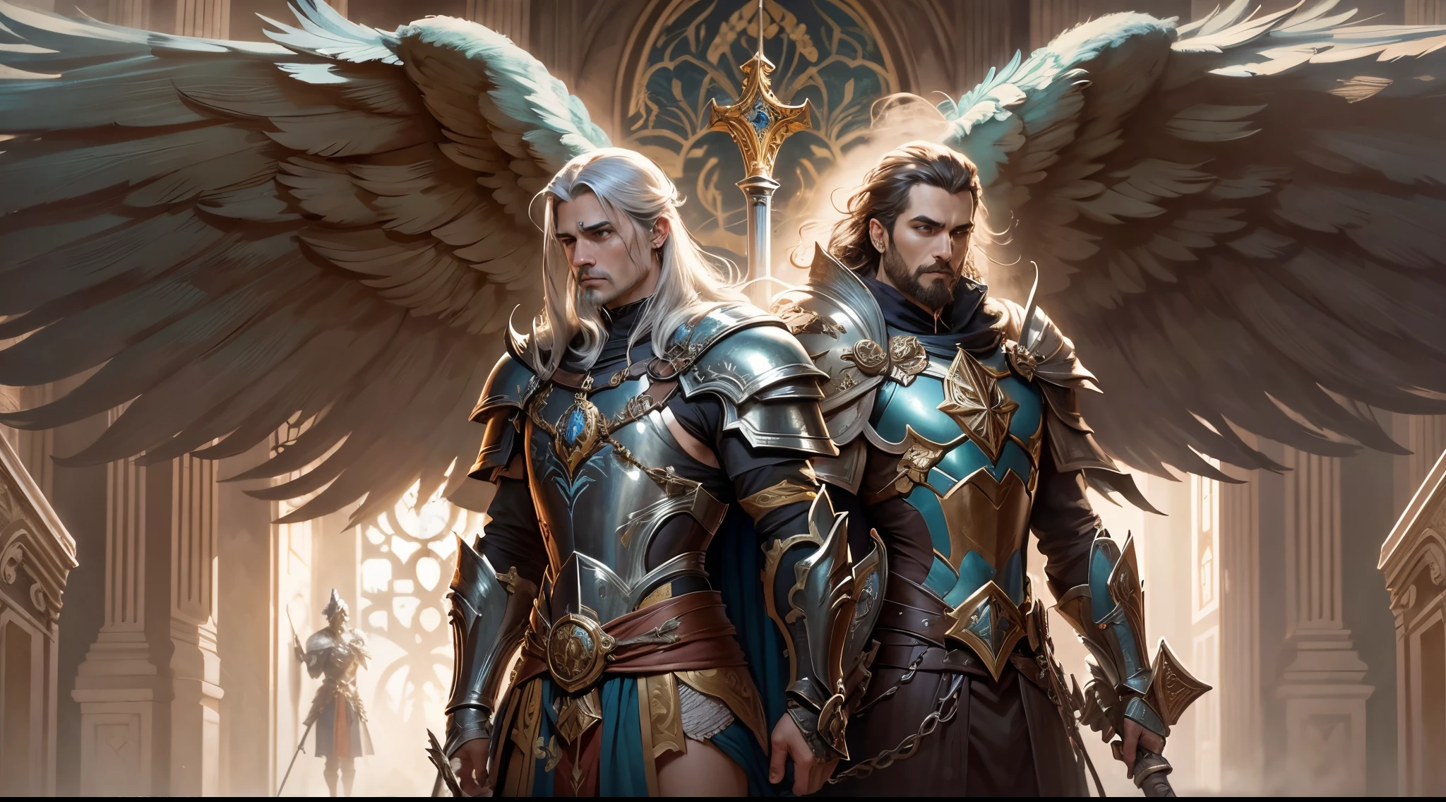 three men with large wings dressed in armor holding swords and standing next to each other, Directed by: Ignacio Zuloaga, Alphonse Mucha e Rossdraw, Paladino Santo, Neoartcore e Charlie Bowater, Directed by: Gabriel Ba, heroes of might and magic, [ trending in cgsociety ]!!, Directed by: Luis Miranda, arte fantasia behance, arcanjo, Armadura Sagrada