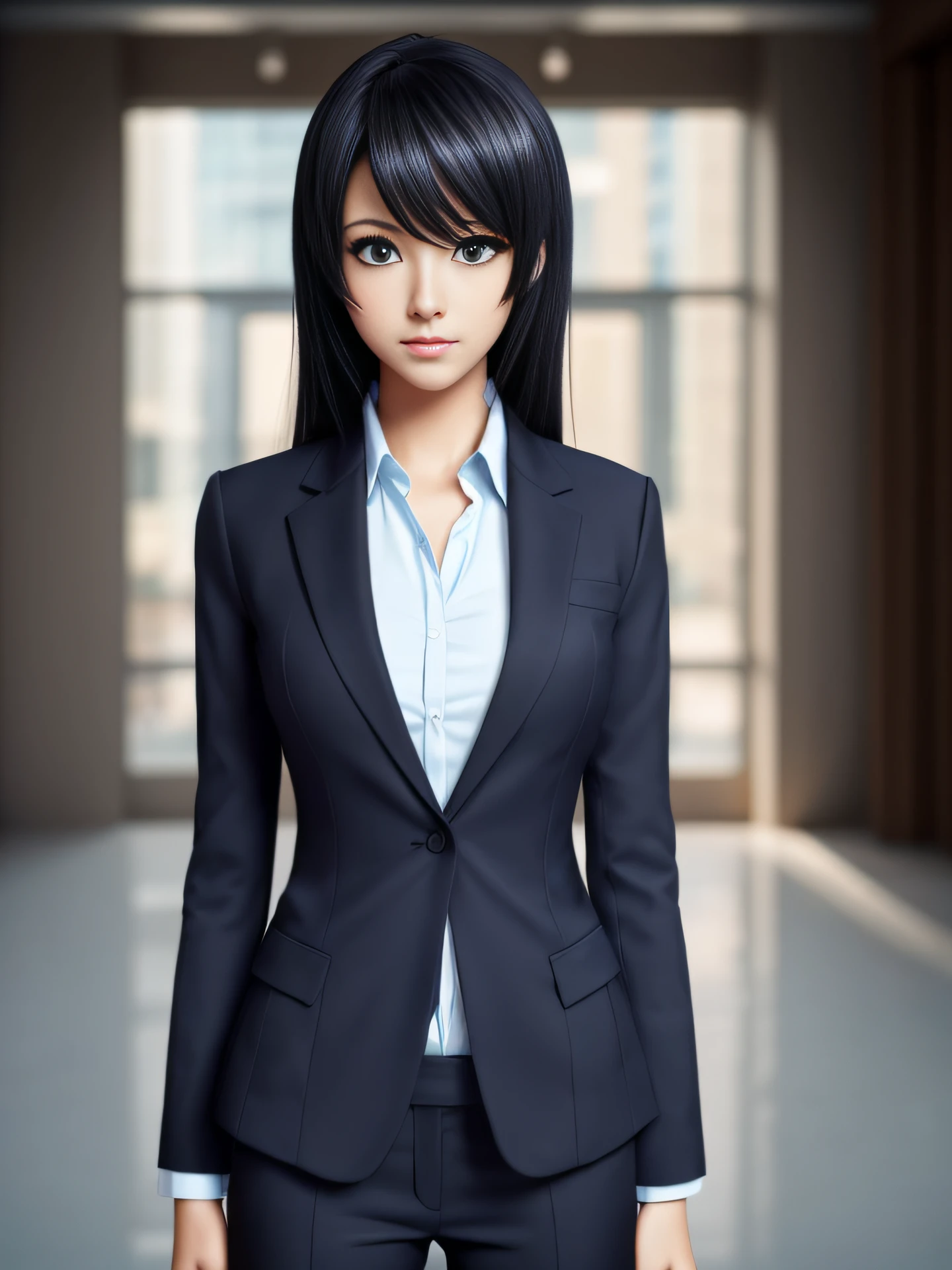 Be a girl with a business jacket, beautiful eyes (blue eyes) and deep as the night sky, serious face, fully body with her hands in front, black hair, looking at you, with an anime/semi-realistic style of art