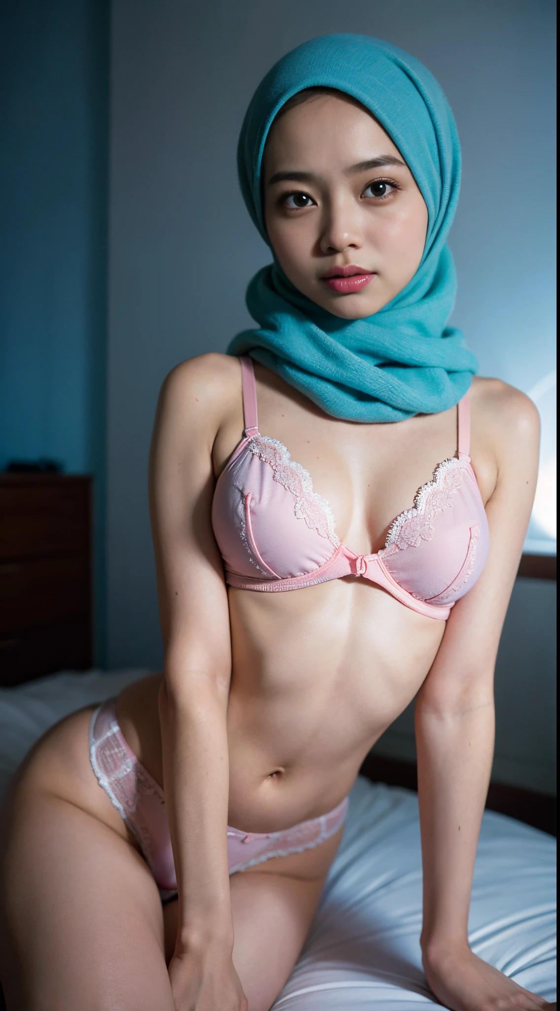 1 malay girl , modern pom-pom hijab,  shy, medium portrait shot , watery  eyes , medium sagging breast, blue glowing particles, wear soft pink cotton beginer bra and panties, blue bedroom background, bright front light,