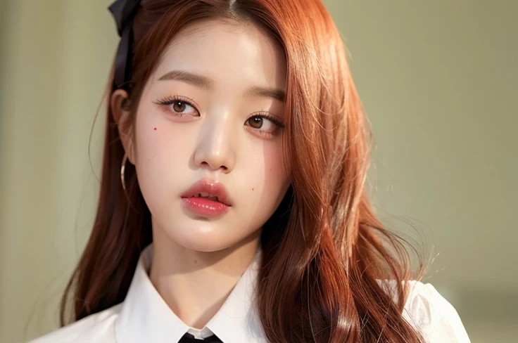 There was a woman with long red hair wearing a white shirt and black tie.., Bae Suzy, maquillaje popular de Corea del Sur, maquillaje coreano popular, Parque Roseanne de Blackpink, Jaeyeon Nam, Joven y adorable rostro coreano, portrait of female Korean idol, Hermosa joven coreana, Retrato de Jossi de Blackpink, Hermosa joven coreana, Hermosa mujer surcoreana, Jossi de Blackpink