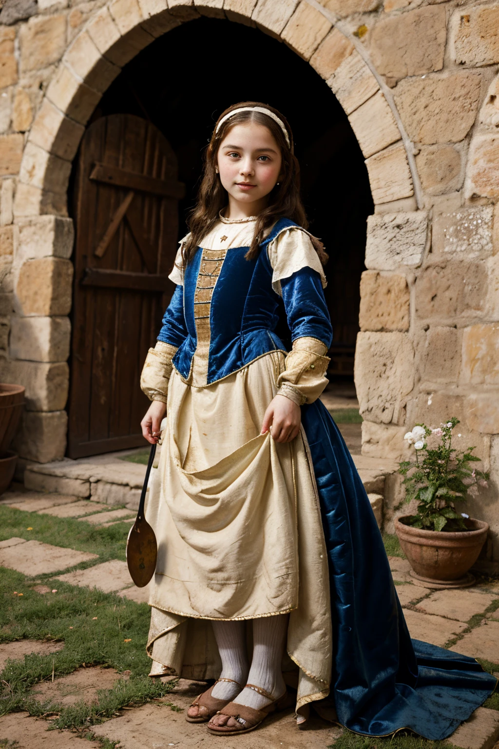 Italy, 1348. ((Wide shot)), ((((3--old)olla Fitzgerald)), olive skin, beautiful, athletic, in an italian mansion, playing with a toy doll. ((((clothings from the 1340s, girl dress)))), ((dark hairstyle of the 1340s))