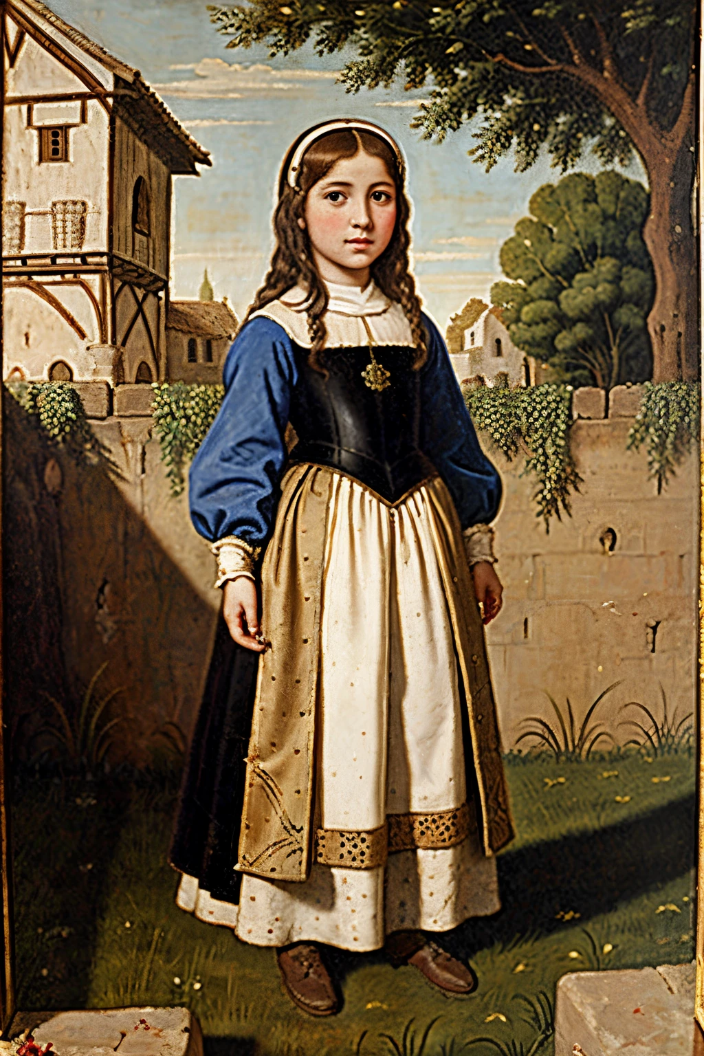 Antique painting of a young medieval girl dressed as a commoner in a backyard, medieval painting of the 16th century, Rafael Santi, old canvas