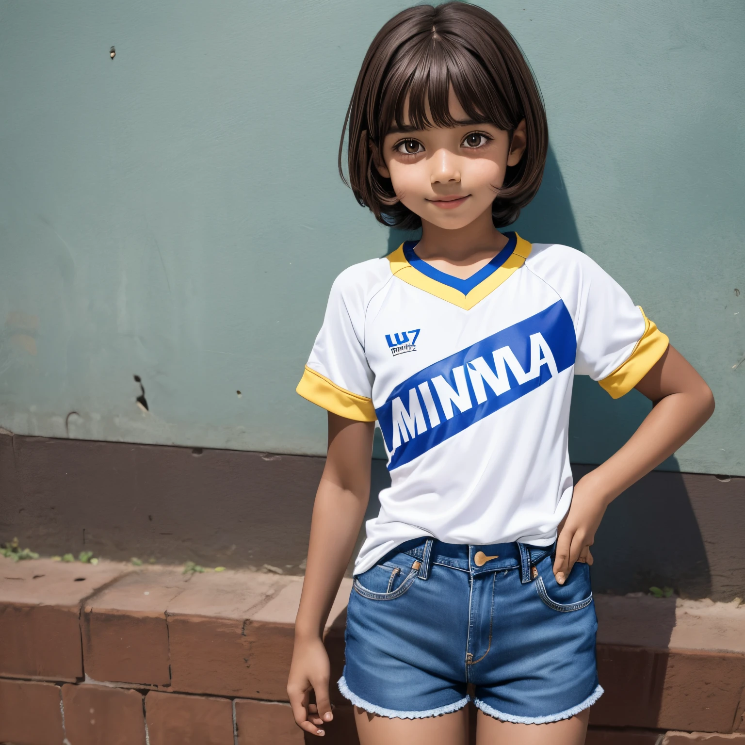full body, ((((10-year-old)) Sora)), girl with brown eyes and red hair in a bob haircut with bangs, wearing light blue jeans, a yellow sleeveless t-shirt, and a blue helmet. Confident expression, cool pose