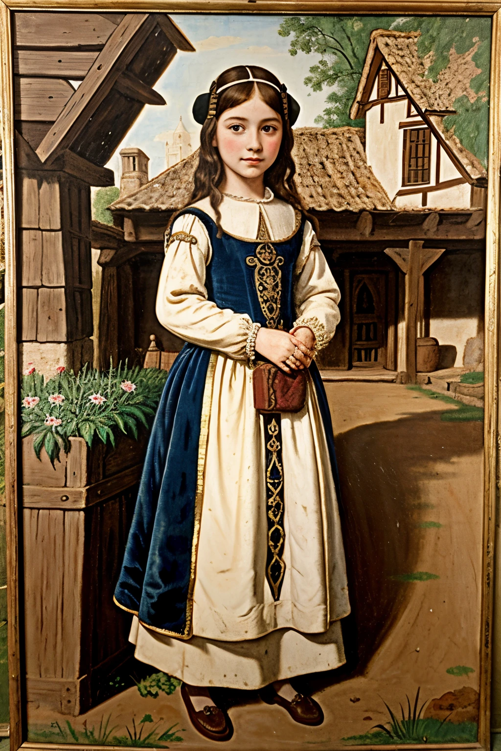 [[(full-length front view: young attractive girl) ((style Lorenzo Lotto))]/[background:amazing Renaissance landscape based on Lorenzo Lotto) (masterpiece)], oil painting, extreme detail, intricate, unusual, ((best quality))]