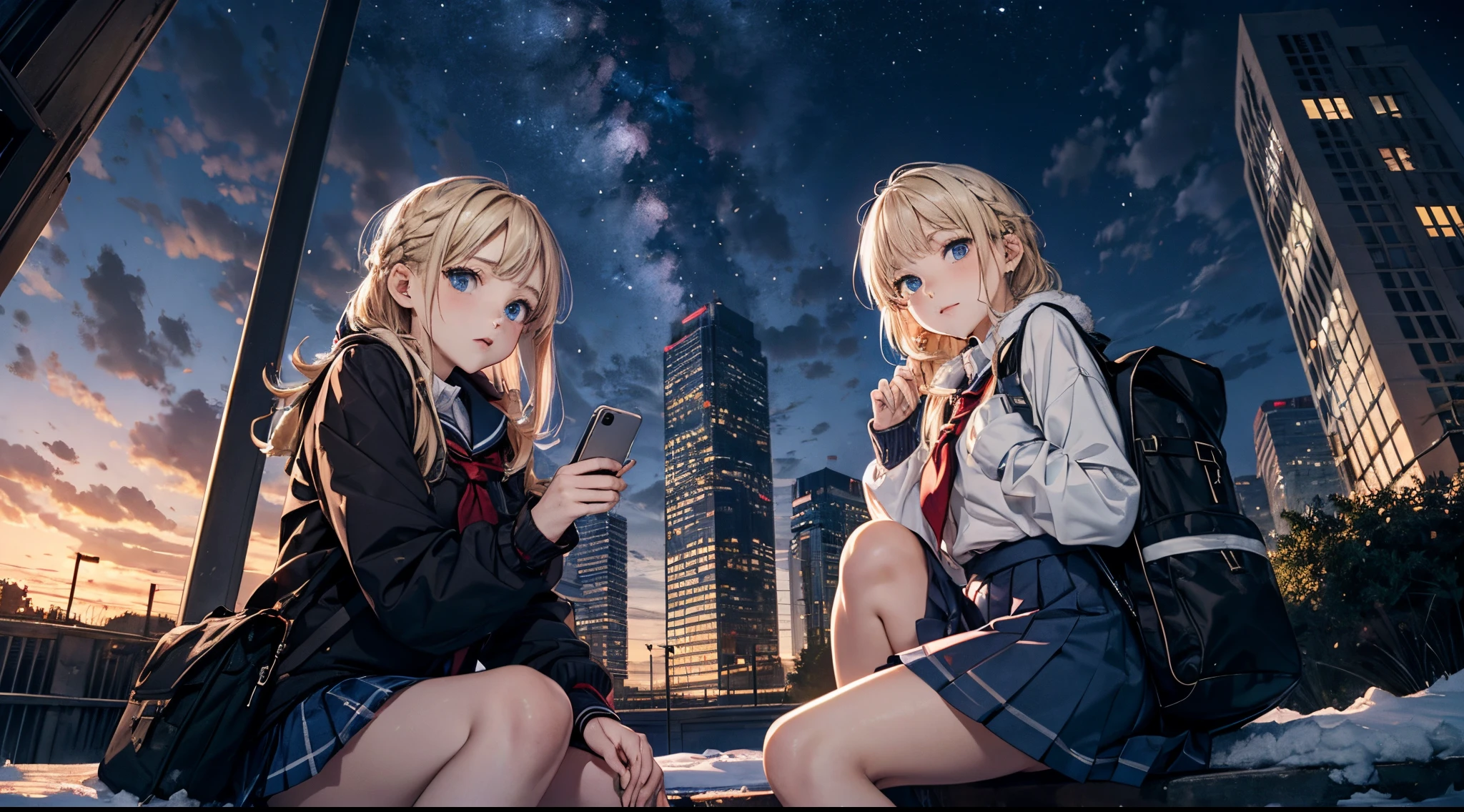 masutepiece,8K,octans, Skysky, stele(Skysky), landscapes, starrysky, natta, 1girl in, nigh sky, report, plein air, built, clouds, milkyway, sitting on, 城市, silhuette, Cityscape,(Short, Low twin-tailed blonde hair:1.2),(Deep Blue Eyes:1.3),(winter school uniform:1.1)