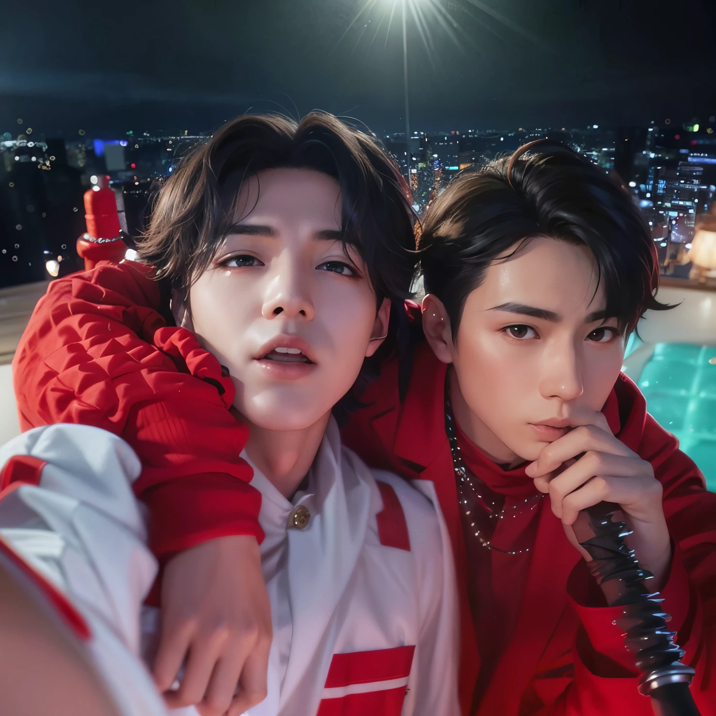 (Photorealistic, Masterpiece, Detailed Face, Best Quality, High Resolution, 4k), Fantasy art style, Gemini astrological sign depicted through captivating male twin models with dualistic auras. Their opposite sexy appearances and scanty clothing complement their two distinct personas, showcasing their versatility and charm.