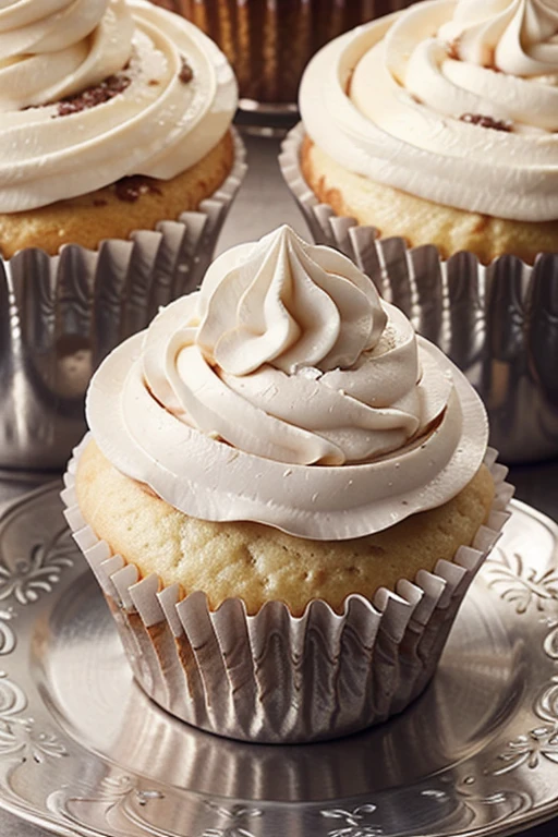 Capture a detail shot of a perfectly frosted cupcake, showcasing the intricate piping work and decorative elements that make it a visually appealing and sweet snack