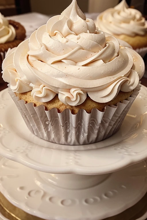 Capture a detail shot of a perfectly frosted cupcake, showcasing the intricate piping work and decorative elements that make it a visually appealing and sweet snack