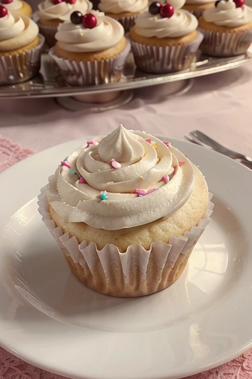 Capture a detail shot of a perfectly frosted cupcake, showcasing the intricate piping work and decorative elements that make it a visually appealing and sweet snack