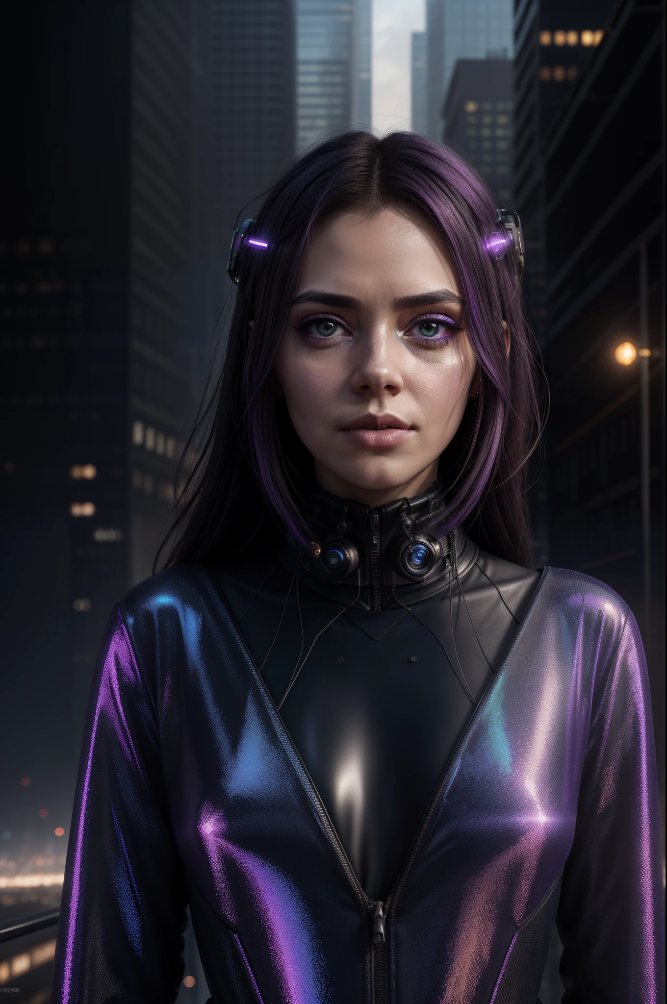dystopian girl,futuristic dress,beautiful detailed eyes,beautiful detailed lips,longeyelashes,shiny purple dress,glowing holographic patterns,urban decay,post-apocalyptic city,grimy streets,smoke-filled air,towering skyscrapers,hovering drones,metallic accessories,grim expression,mysterious aura,dark and moody lighting,neon signs,futuristic technology,cityscape in the background,subdued color palette,dystopian atmosphere,sci-fi concept artists,highres,ultra-detailed,photorealistic,vivid colors