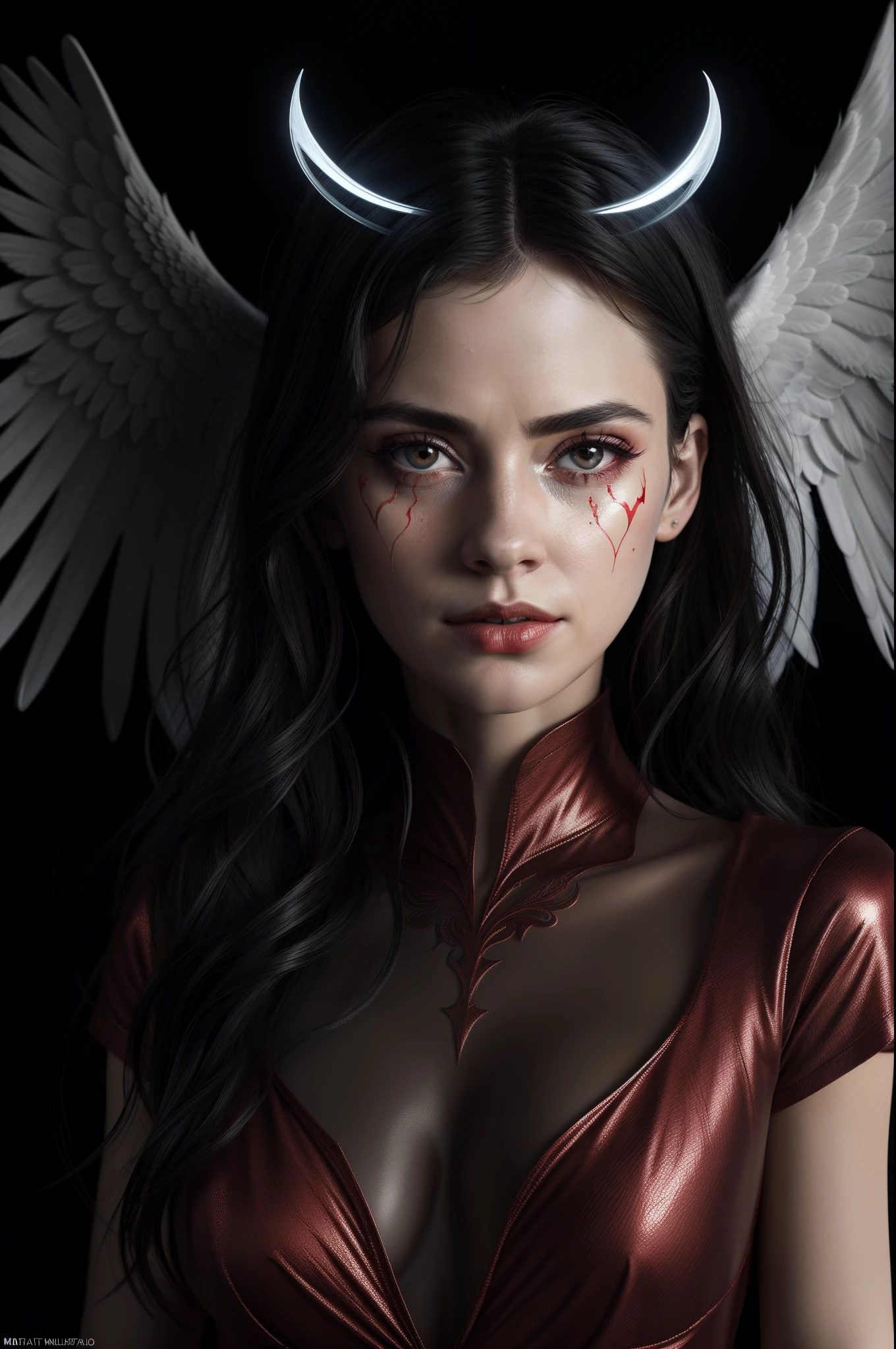 Using red and white colour only, create a half angel and half devil, ultra realistic, highly detailed, mesmerizing, beautiful piece of art. Midnight black background. "No halo" , conceptual art, portrait photography, anime, dark fantasy, painting, cinematic, 3d render
