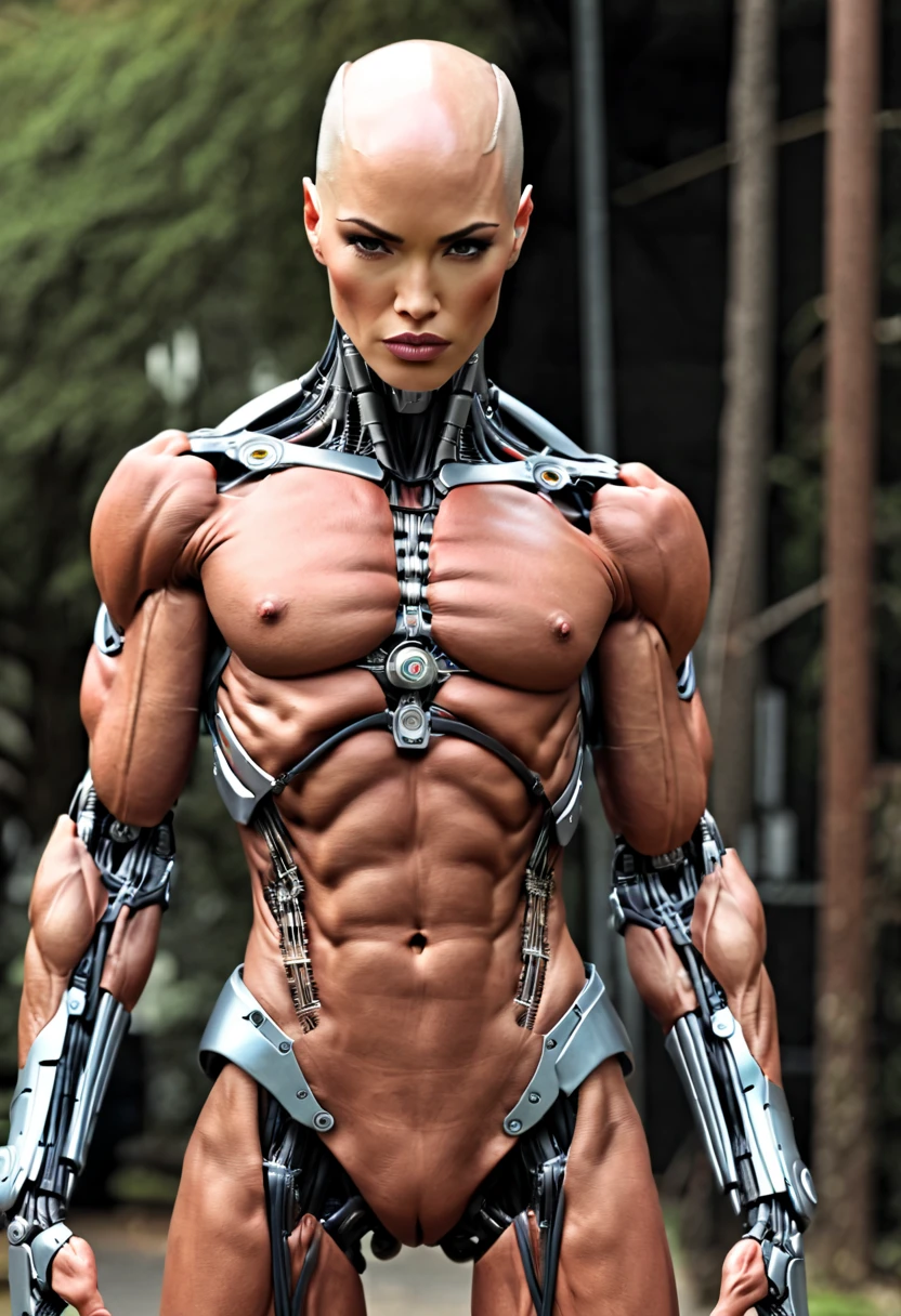 (beautiful borg queen:1.25), (1 girl), (metallic muscle armor:1.5), (no hair), (bald head covered in cables:1.5), (robotic mechanical physique:1.5), (super muscular cyborg:1.5), (covered in cables and mechanical muscles:1.5), (android muscular anatomy:1.5), (megan-fox:1.5), (perfect fingers:1.25),(8k, RAW photo, photorealistic:1.25), sci fi atmosphere, futuristic dystopia, alien landscape,