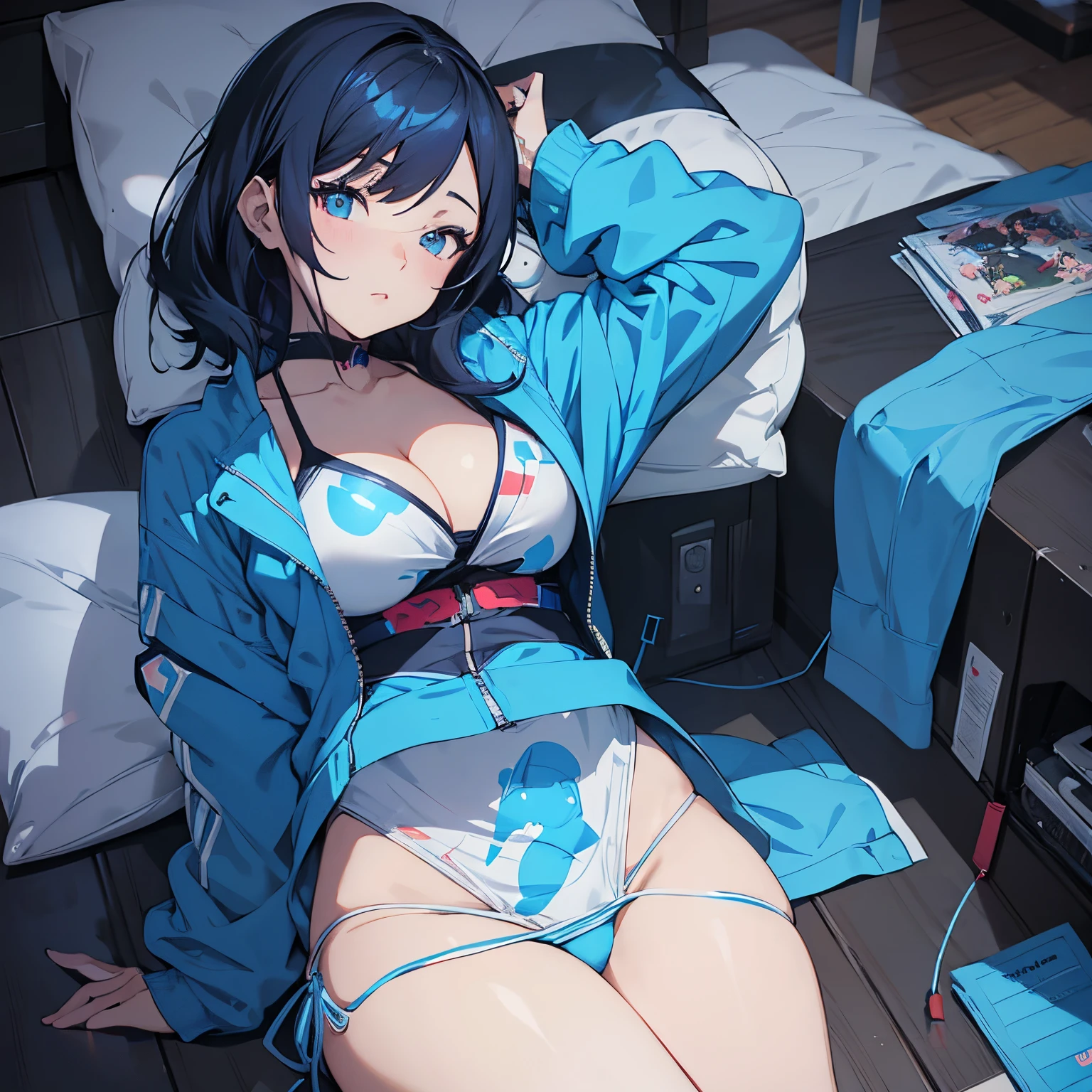 anime - style image of a woman in a blue bikini and a blue jacket, an anime drawing by Ilya Kuvshinov, pixiv contest winner, serial art, ilya kuvshinov. 4 k, [ 4 k digital art ]!!, seductive anime girl, painted in anime painter studio, anime moe artstyle, anime style 4 k