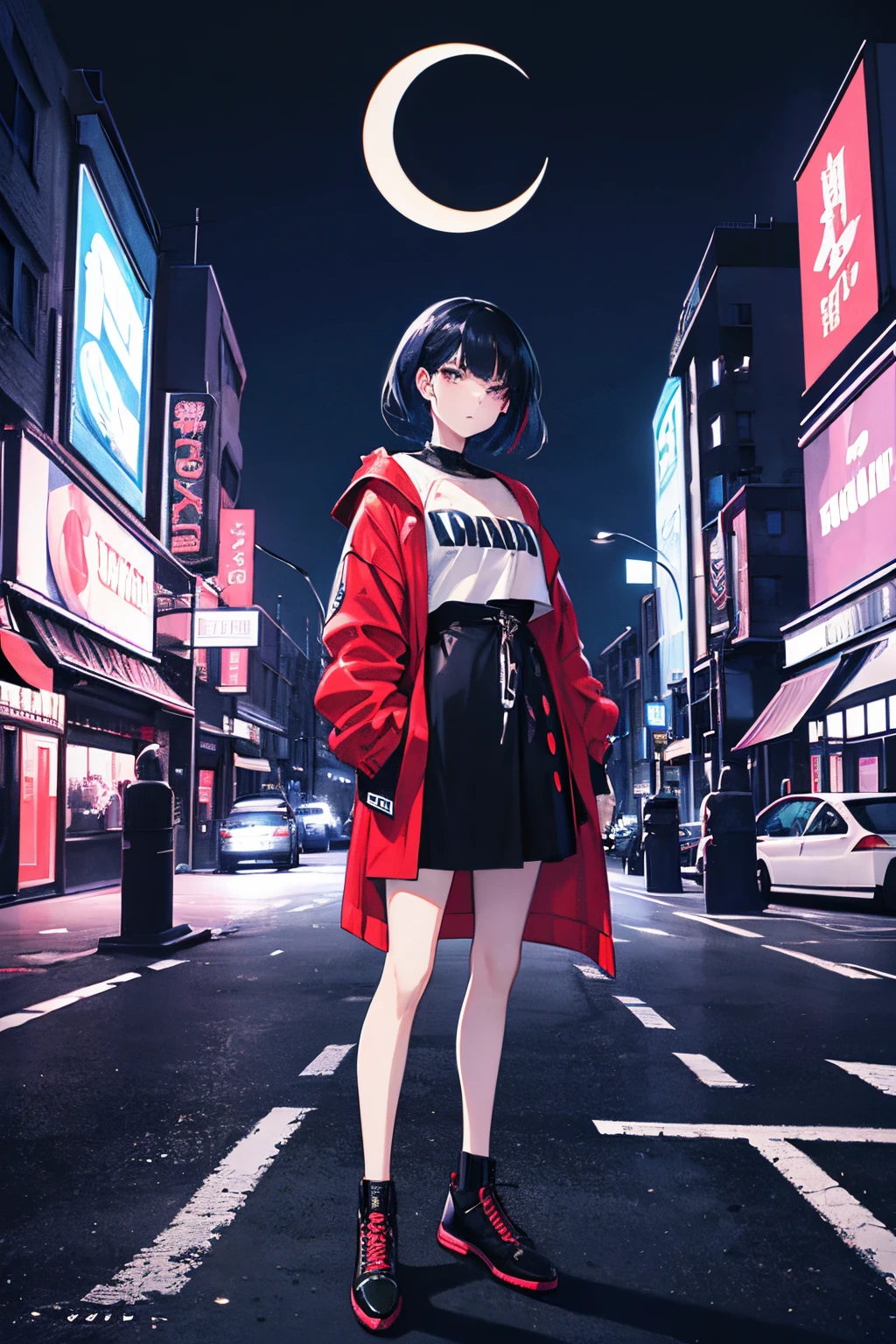 Movie Poster Style, Specific text, Strong color contrast, Crescent moon in the background、Stunning composition, bold and trendy, , which are full of confidence, street scene,english text, Bold fashion,Confident attitude,Women's Empowerment,Street style, Fashion,bold typography,high,Contrast Color, Clothing,Eye-catching composition,The atmosphere of the cityscape