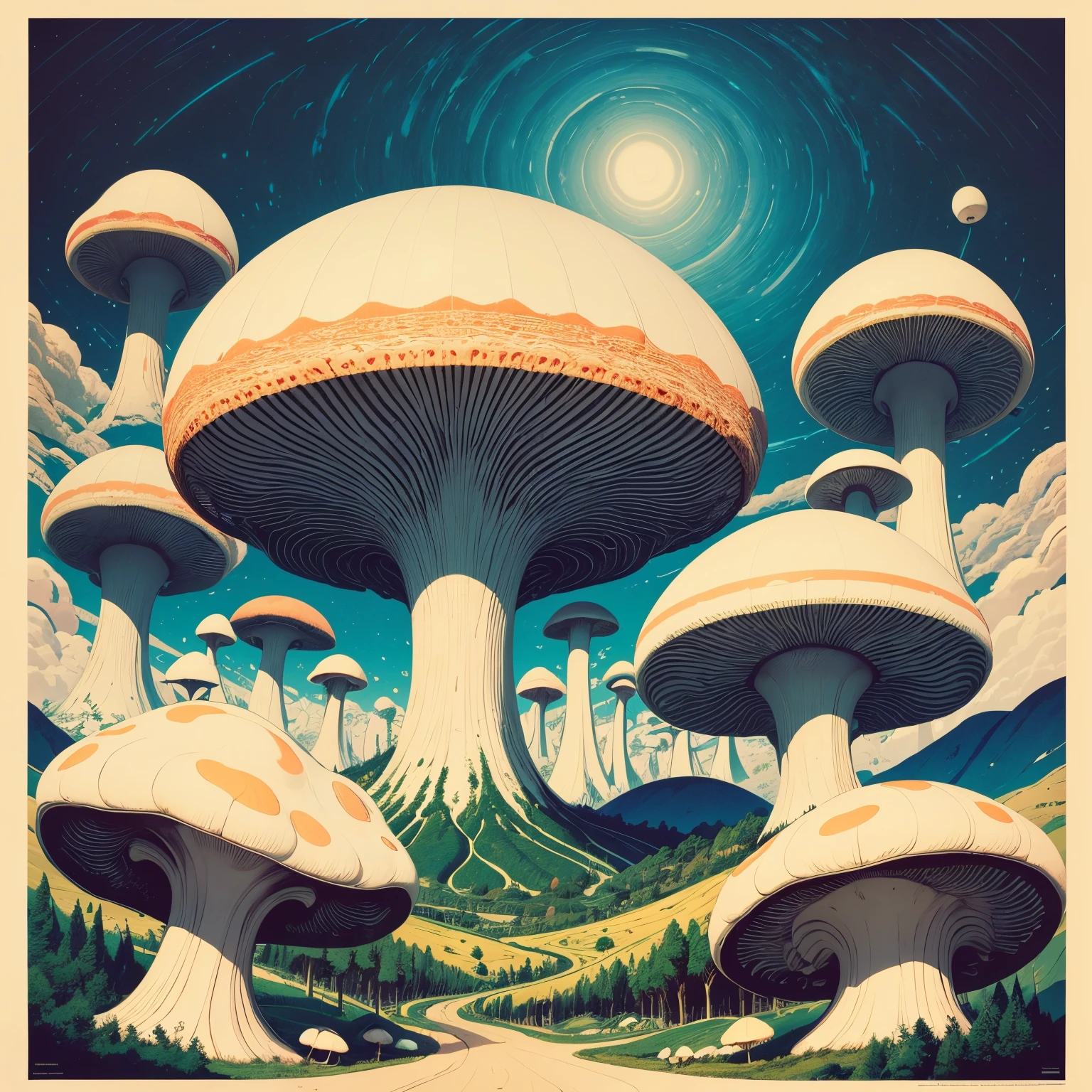 Rolling mountains，Huge slender white mushrooms grow curvedly from a distance，giant mushroom world，Rear view of three explorers，old poster，Grainy Vintage Creases，Super angle psychedelic retro color