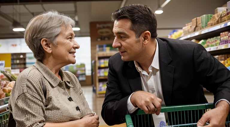 Supermarket manager talking to an old woman