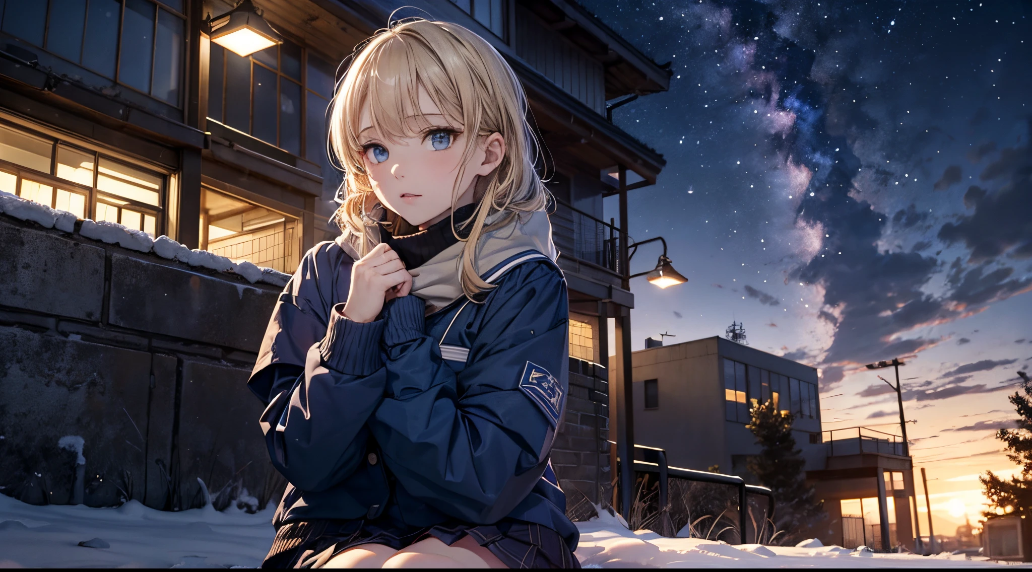 masutepiece,8K,octans, Skysky, stele(Skysky), landscapes, starrysky, natta, 1girl in, nigh sky, report, plein air, built, clouds, milkyway, sitting on, 城市, silhuette, Cityscape,(Short, Low twin-tailed blonde hair:1.2),(Deep Blue Eyes:1.3),(winter school uniform:1.1)