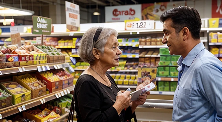 Supermarket manager talking to an old woman