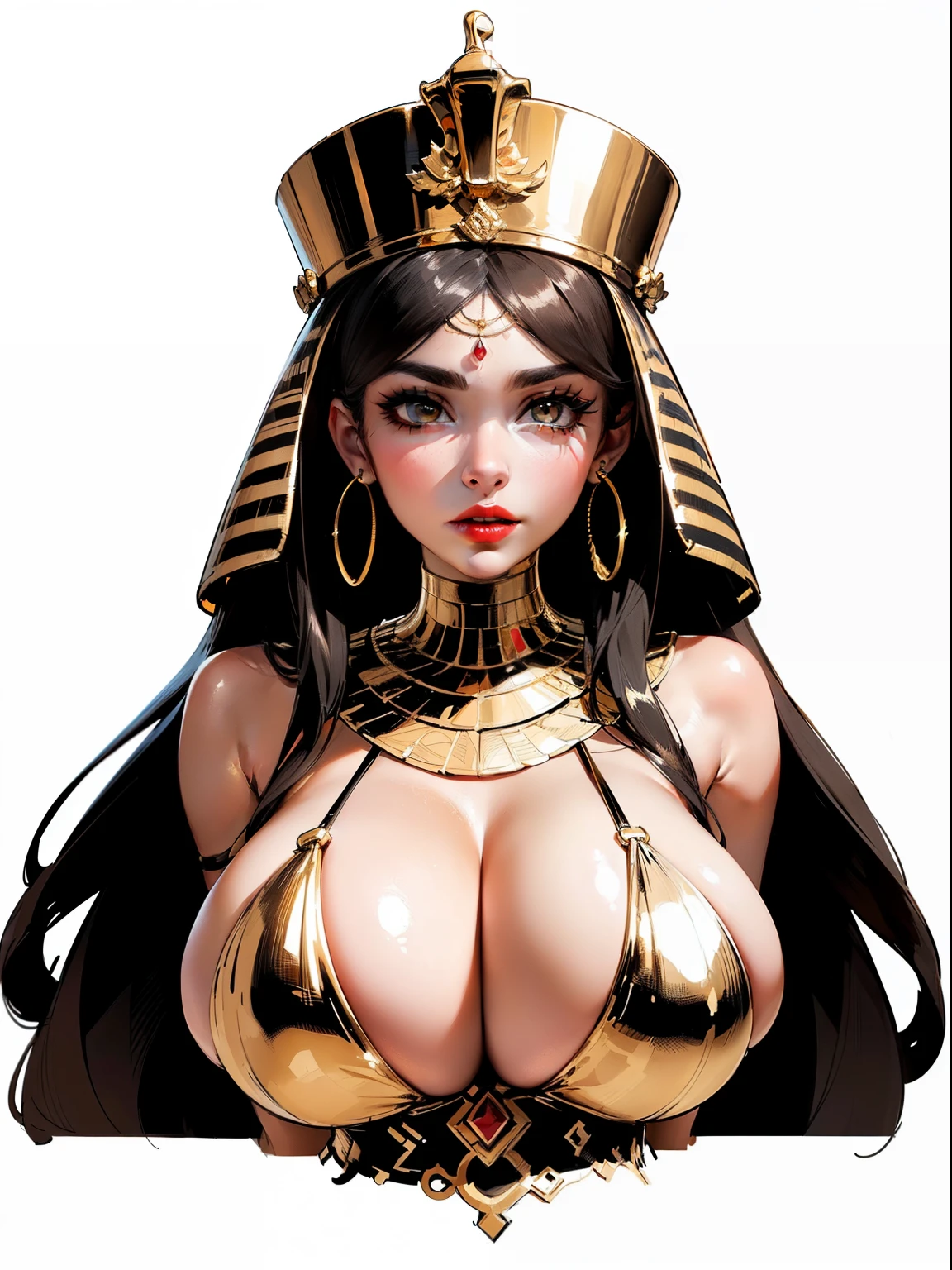 ((Upper body view:1.4)), ((masterpiece)),(((best quality))), ((egyptian empress, mature face)), ((middle eastern eyes:1.4)), ((golden gown)), (((septum piercing)), defined cheekbones, high cheekbones, illustration, muscular, ((gold:1.4)), sexy bimbo, (gigantic breasts:1.7) black hair, ((detailed face:1.4)) beautiful woman, (egyptian:1.4) (brown skin:1.4) , (red lipstick:1.4), shiny skin, ((skindentation)), scribbles and marks,(puffy lips:1.4) , (temple: 1.5), ( at night: 1.5), rough sketches, pose, 8k,16k, ( background, white background: 1.3) ((warm color palette)), ((future model aesthetic))