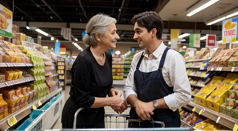 Supermarket manager talking to an old woman