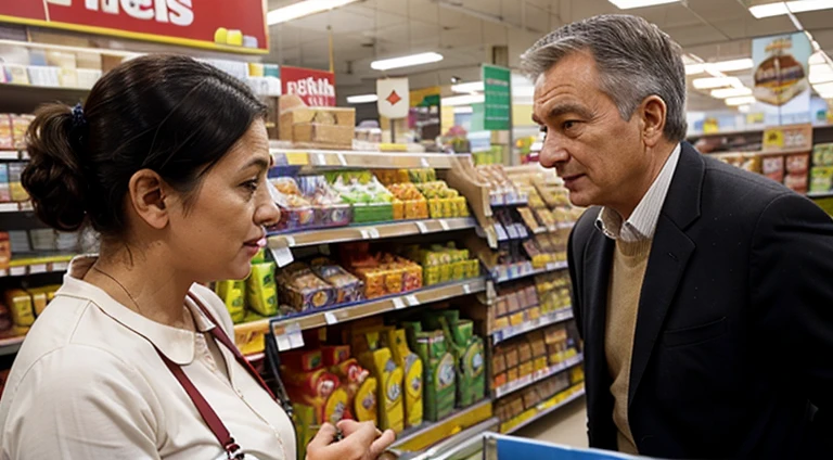 Supermarket manager talking to an old woman