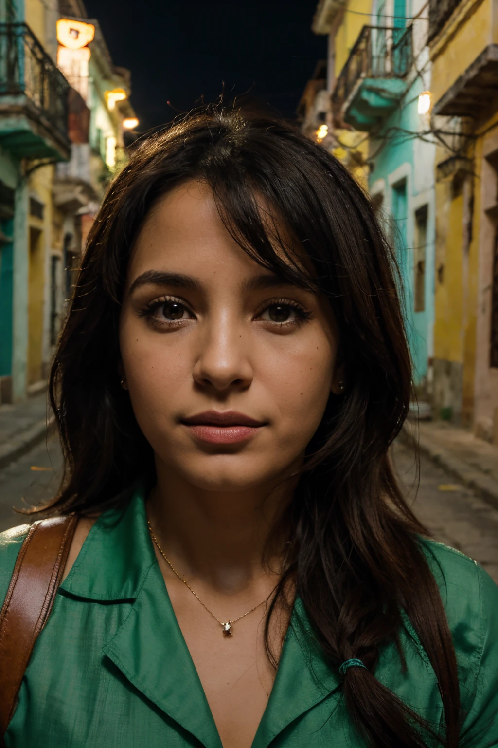 una despampanante mujer cubana, su personalidad recuerda el encanto atemporal de La Habana, sus ojos llenos de historias de color verde claro, wisdom with a touch of mischief, labios ricos y rojos que reflejan la vitalidad de la cultura cubana, cabello tan oscuro y fluido como el cielo nocturno cubano, vistiendo un traje tradicional cubano, sus colores vivos, as if they reflected the very spirit of Cuba, environment that surrounds an amalgam of symbolic street scenes of Cuba, Coches antiguos, Edificios coloridos, celeste