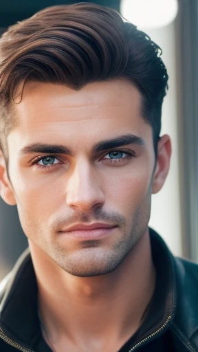 Photorealistic portrait of an incredibly handsome, slightly tanned Argentinean man with light makeup, Extremely detailed light green eyes, sexy man, very courageous man, detailed symmetrical realistic face, full lips, extremely detailed natural texture, peach fuzz, short tousled light brown windy hair, Masterpiece, absurdress, Award-winning photograph by Francesco Scavullo, Stock photography on film Nikon D850, kodak portra 400 camera f1.6 lens, Extremely detailed, Amazing, finely detail, saturated colors, hyper-realistic realistic texture, dramatic lighting, UnrealEngine, Trending on ArtStation, cinestill 800 tungsten, looking at the viewer, photorealestic, RAW photo, TanvirTamim, hiquality, hight resolution, sharp-focus, Extremely detailed, Cinematic lighting, 8K UHD