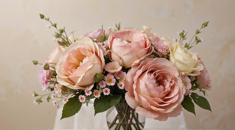 Capture a detail shot of a softly blurred floral arrangement, showcasing the delicate shapes and pastel tones that create a soft and romantic background