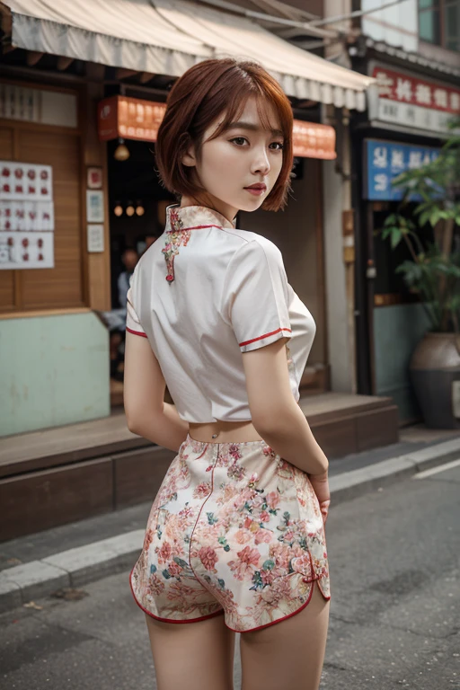 arafed woman in a floral dress standing on a city street, beautiful south korean woman, beautiful young korean woman, gorgeous chinese model, korean women's fashion model, f / 1. 9 6. 8 1 mm iso 4 0, short hair, gorgeous young korean woman, cheongsam, beautiful asian girl, xintong chen, sha xi,  wearing shorts, korean woman, lit from behind, heavy makeup, hair ties, slightly open mouth, big eyes, glossy, very pretty face, slender waist,  pack, light red hair,