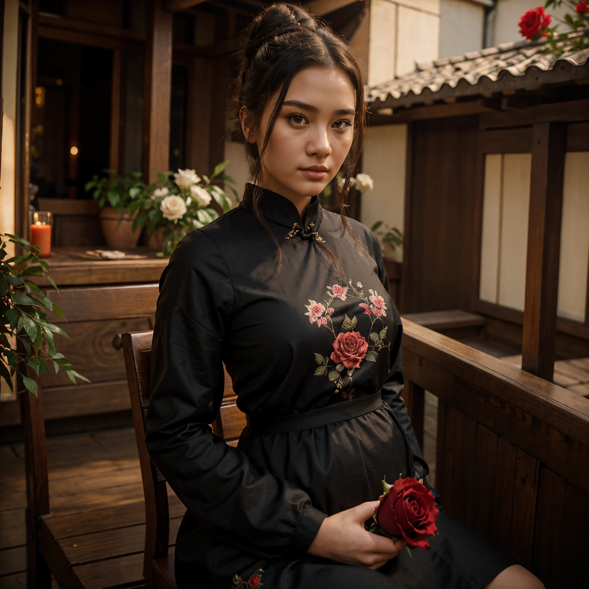cinematic lo-fi portrait of a beautiful woman with a slightly fat body sitting on an ancient wooden chair, hair in a low bun, wearing a long-sleeved cheongsam dark color, holding red rose, background on the terrace of the house, night atmosphere, realistic, high details, cinematic lo-fi.