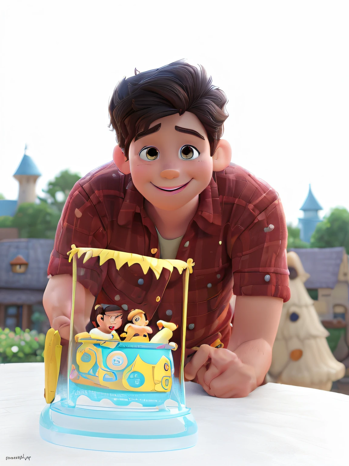 Imagine a heartwarming Disney Pixar scene featuring a charming and adorable young boy as the main character. Picture him in a whimsical setting, perhaps surrounded by friendly animated creatures or in a magical landscape. The boy should exude a perfect blend of cuteness and handsomeness, with a captivating smile and expressive eyes. Envision vibrant colors, playful details, and a touch of Disney magic to make the scene truly enchanting. Bring out the charm and personality of the character, ensuring that the final image captures the essence of a timeless Disney Pixar moment