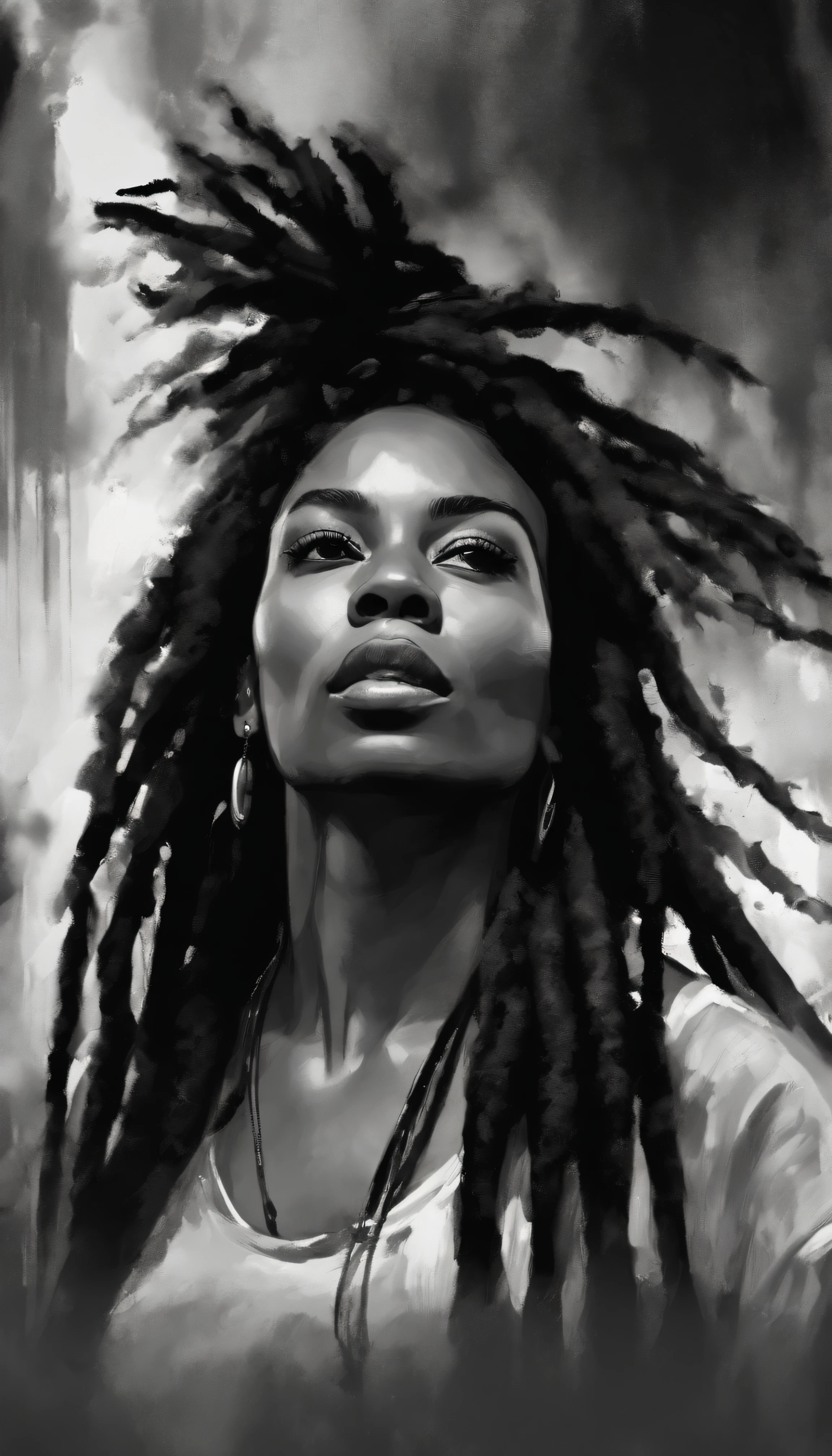 uma imagem de uma mulher negra com dreadlocks , No estilo de Russ Mills, Michael Garmash, charming sketches, mono-ha, Contemporary Asian art, Lilia Alvarado, Pincelada concisa --AR 69:128 --s 750 --V 5. 2, pinceladas nas cores do reggae