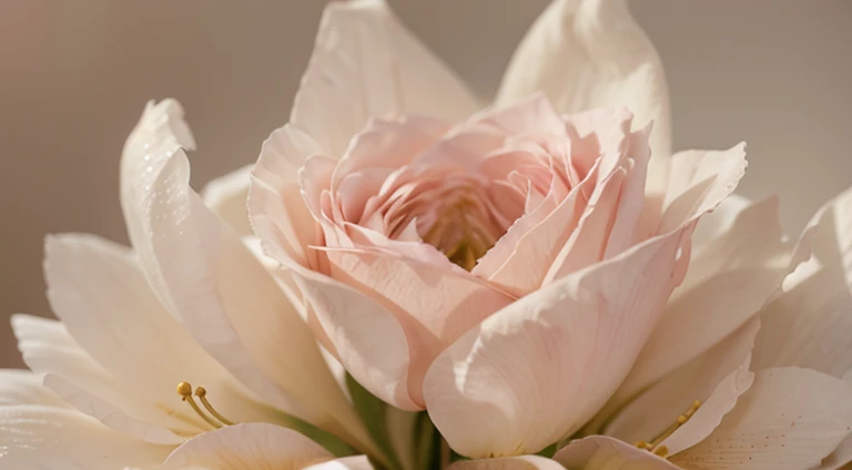 Capture a detail shot of a softly blurred floral arrangement, showcasing the delicate shapes and pastel tones that create a soft and romantic background