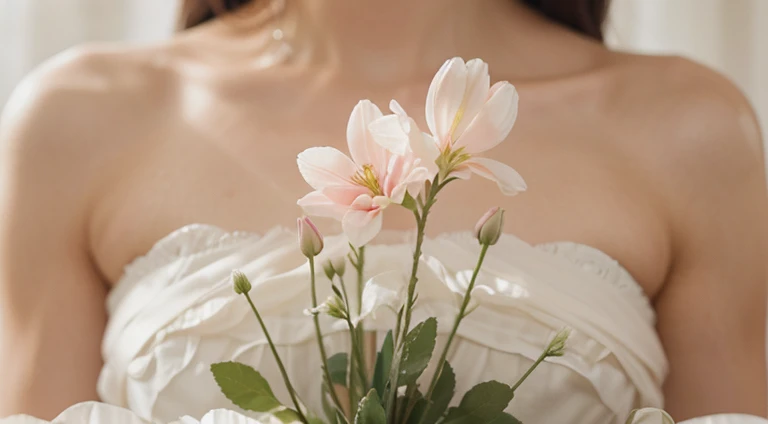 Capture a detail shot of a softly blurred floral arrangement, showcasing the delicate shapes and pastel tones that create a soft and romantic background