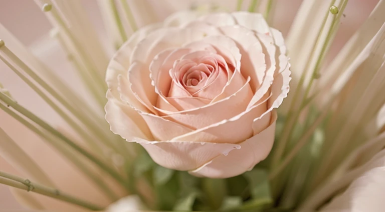 Capture a detail shot of a softly blurred floral arrangement, showcasing the delicate shapes and pastel tones that create a soft and romantic background