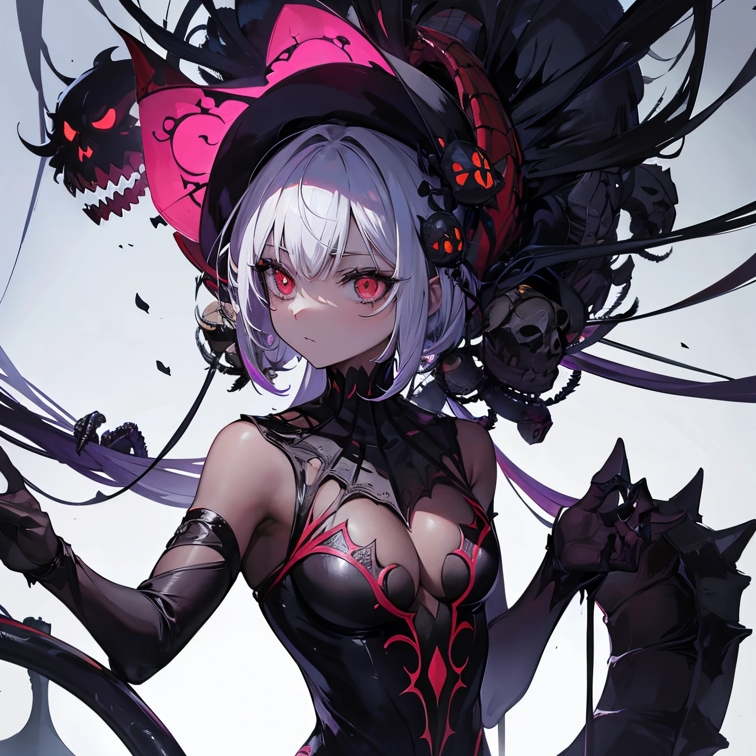 Monster spider girl in web with skulls demon spider body
