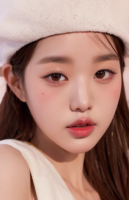 un primer plano de una mujer que llevaba un sombrero blanco y una blusa blanca, maquillaje coreano popular, maquillaje popular de Corea del Sur, Rasgos de la cara coreana, Joven y adorable rostro coreano, Wan adorable cara coreana, Jinyoung Shin, con cara redonda, with cute doting eyes, Beautiful aesthetic face, Bae Suzy, maquillaje suave, Hermosa mujer surcoreana, Hermosa joven coreana