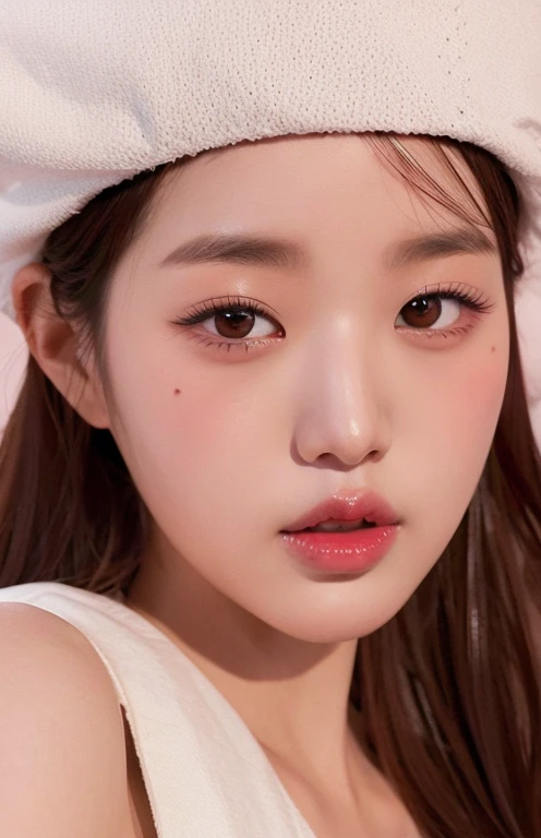un primer plano de una mujer que llevaba un sombrero blanco y una blusa blanca, maquillaje coreano popular, maquillaje popular de Corea del Sur, Rasgos de la cara coreana, Joven y adorable rostro coreano, Wan adorable cara coreana, Jinyoung Shin, con cara redonda, with cute doting eyes, Beautiful aesthetic face, Bae Suzy, maquillaje suave, Hermosa mujer surcoreana, Hermosa joven coreana