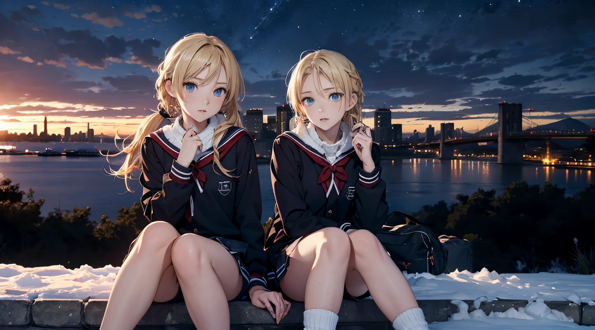 masutepiece,8K,octans, Skysky, stele(Skysky), landscapes, starrysky, natta, 1girl in, looks at the camera, piercing gaze, nigh sky, report, plein air, built, clouds, milkyway, sitting on, 城市, silhuette, Cityscape,(Short, Low twin-tailed blonde hair:1.2), (Deep Blue Eyes:1.iercing gaze, (winter school uniform:1.1)