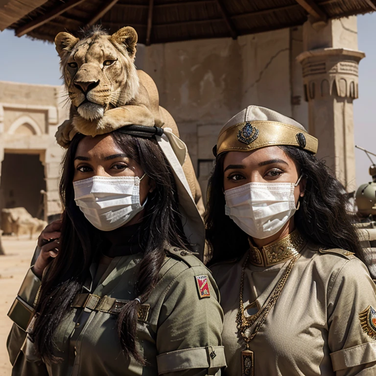 Arabian military from Bce on top of African lions in masks