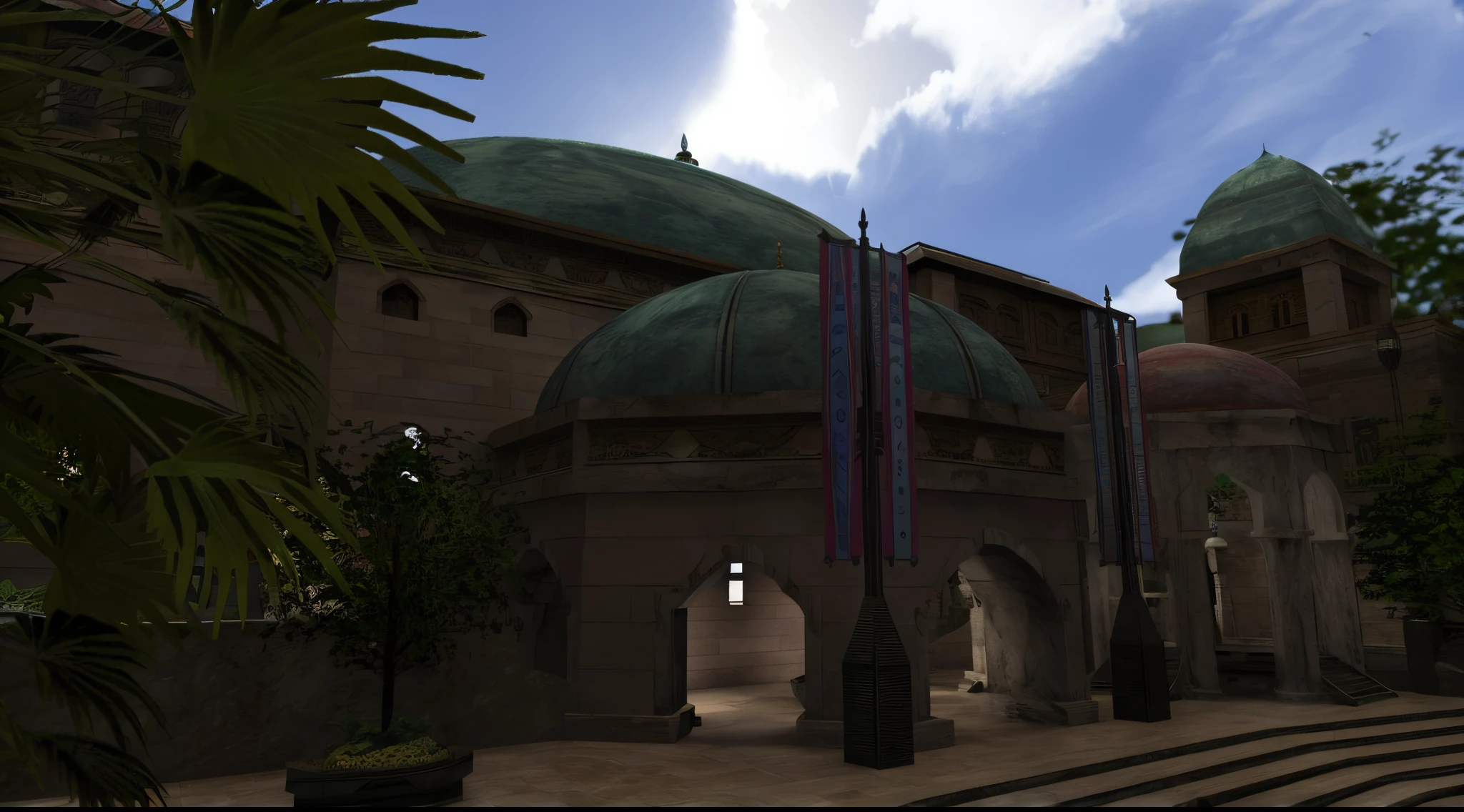 there a large building with a green dome and a blue roof, Exterior del templo de Scifi, mezquita, naboo, en un palacio futurista del desierto, interior de la mezquita ciberpunk, Moroccan mosque, Misterioso entorno del templo, Dome of Wonders, Interior de la Cibermezquita, Dome, Elven Palace of Ghemathar, Renderizado en POV - Ray, Interior de la mezquita, fractal muqarnas background, fotorealista