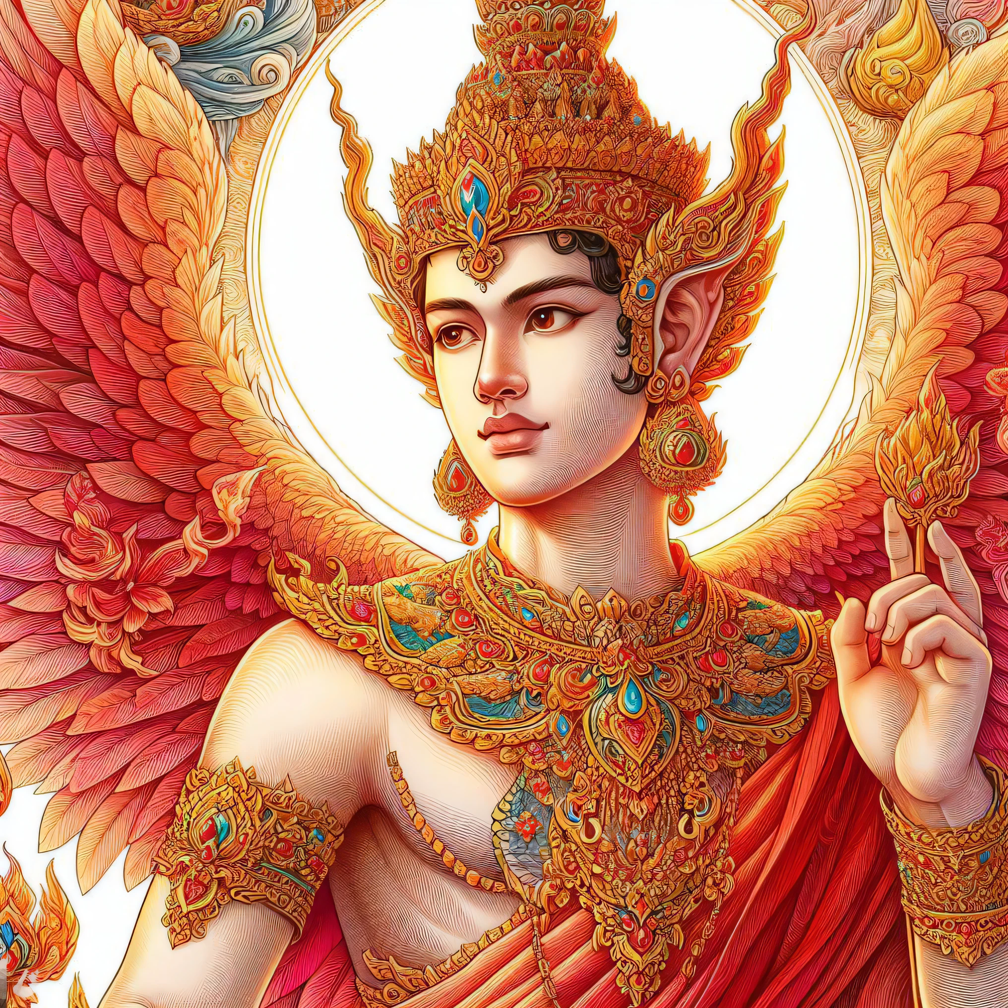 a painting of a man with a red robe and a golden crown, attractive male deity, thailand art, devi wings, goddess. extremely high detail, the god emperor of mankind, extremely detailed goddess shot, beautiful male god of death, beautiful goddess, vishnu, indian god, javanese mythology, divine goddess, full of colors and rich detail, hindu aesthetic, phoenix warrior
