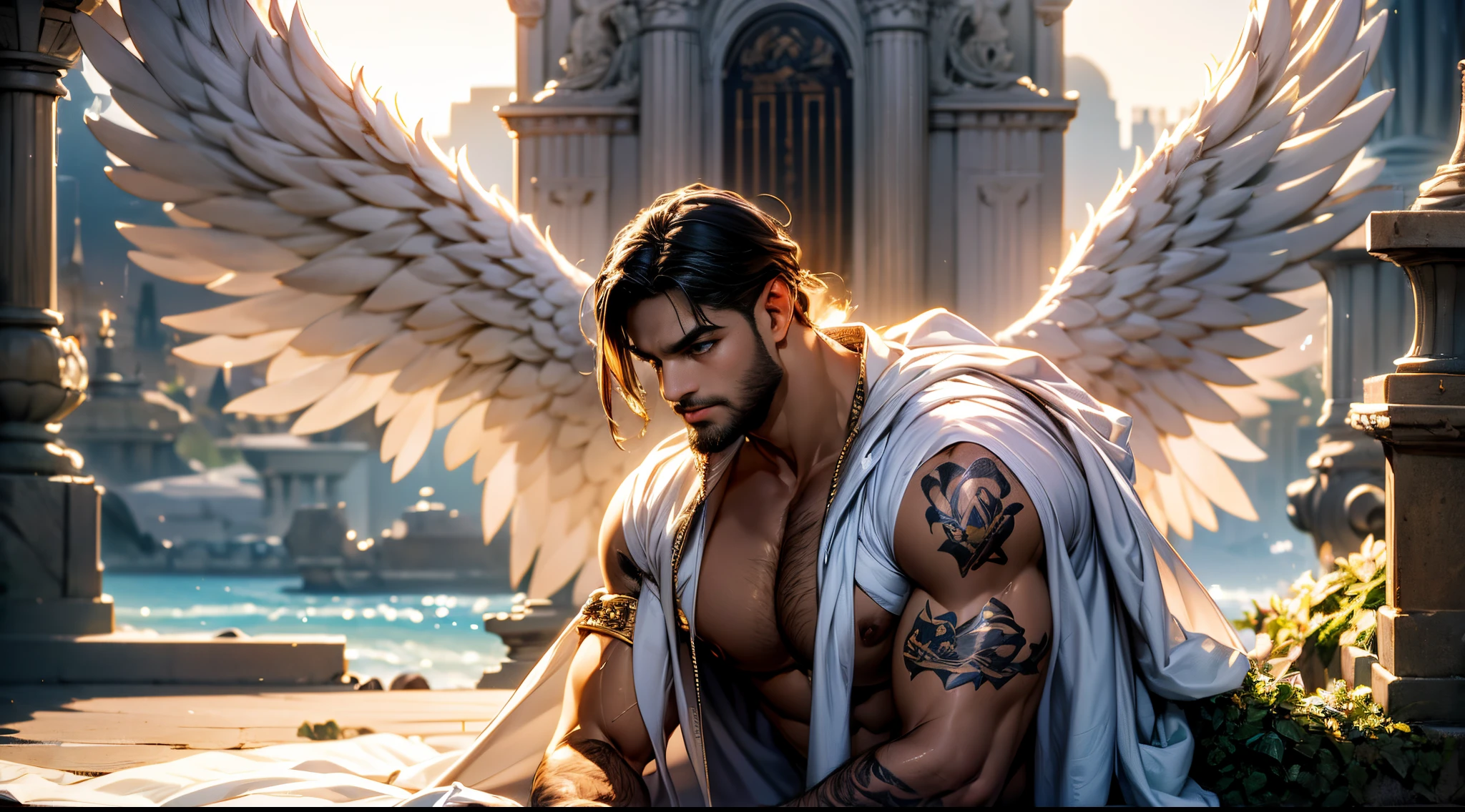 (best quality,ultra-detailed,realistic:1.37), Daegan, dark-tanned skin,2 angel wings,blue eyes,small beard,casual clothing,postura de combate,illustration,dramatic lighting,vibrant colors