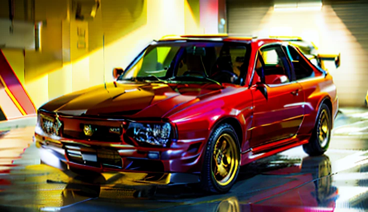 um close de um carro amarelo em um fundo verme, carros realistas, Altamente detalhado Hyper Real Retro, amarelo e vermelho, giorgetto giugiaro, alta poli vray, carro finamente detalhado, 3ds max renderizado, carro altamente detalhado, vray render super realista, 3 ds max + vray, esquema de cores amarelo e vermelho, esquema vermelho amarelo
