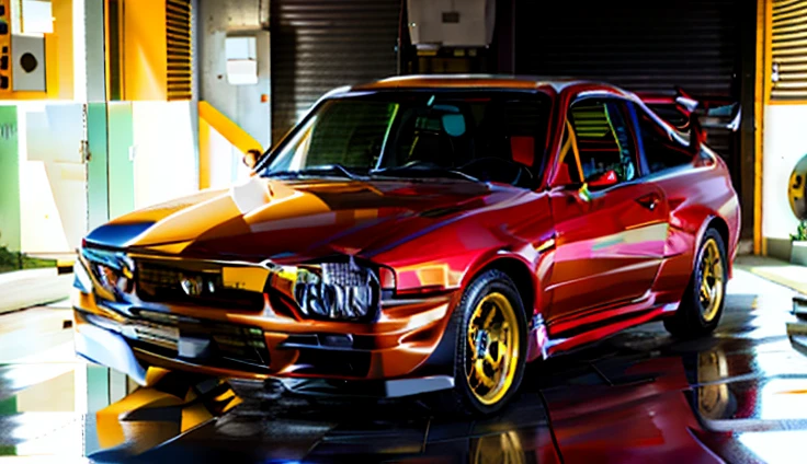 um close de um carro amarelo em um fundo verme, carros realistas, Altamente detalhado Hyper Real Retro, amarelo e vermelho, giorgetto giugiaro, alta poli vray, carro finamente detalhado, 3ds max renderizado, carro altamente detalhado, vray render super realista, 3 ds max + vray, esquema de cores amarelo e vermelho, esquema vermelho amarelo