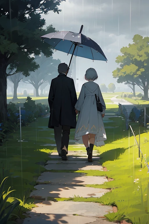 gray sky, rain, two people walking with an umbrella, red grass with small raindrops, 3 trees in the background, a bush, a white path in the middle where the 2 people are walking in,