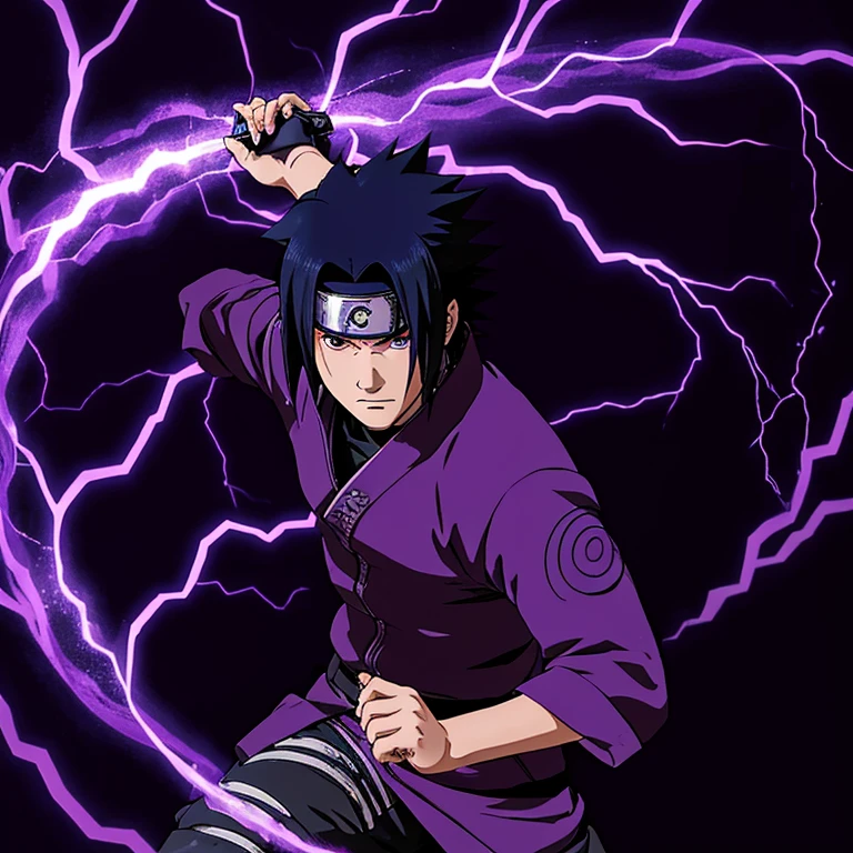 Sasuke uchiha, straight to camera, angry, background with susanoo purple transparant demon, electricity purple effect, low angle, medium, single shot, establishing shot, low light, artificial light, top light, purple saturated, set: room, interior