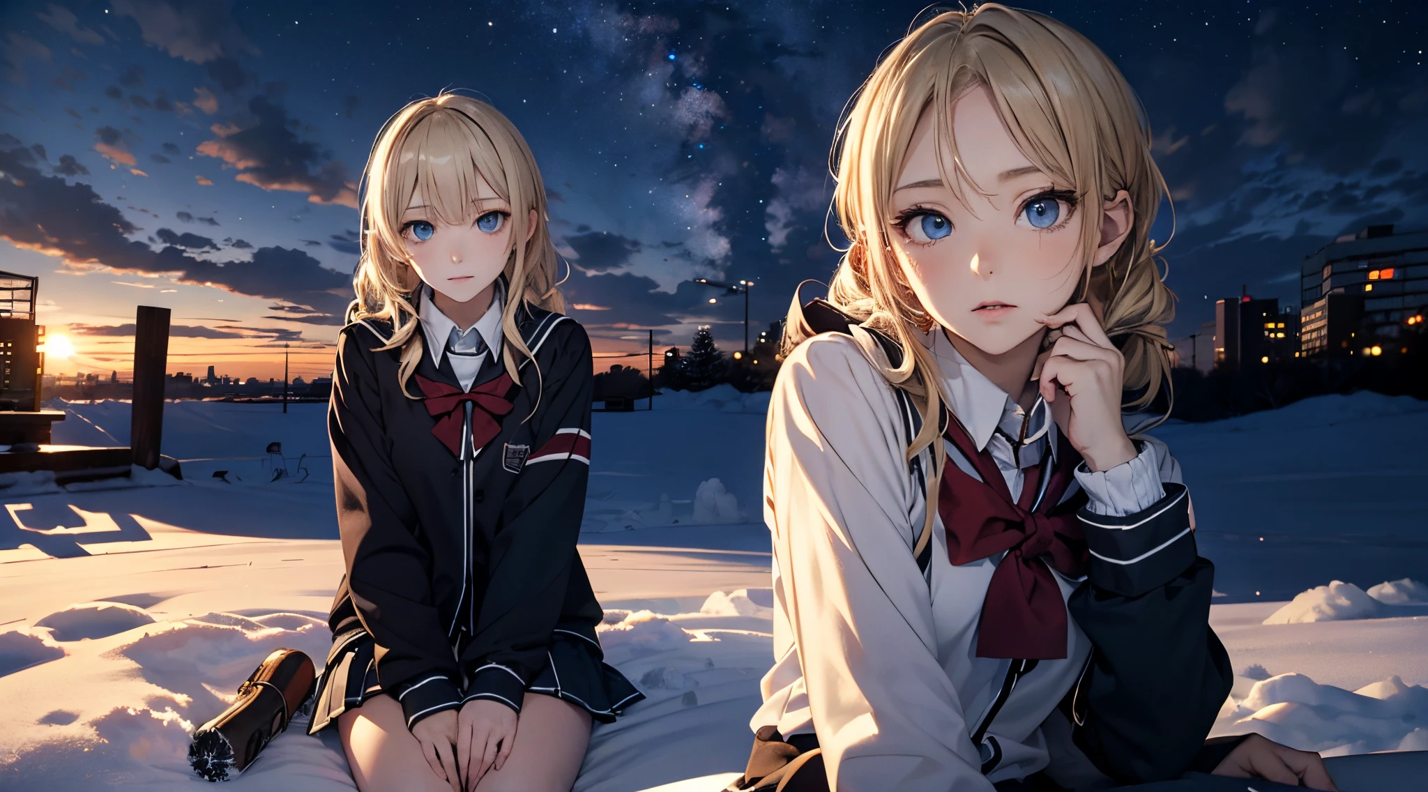 masutepiece,8K,octans, Skysky, stele(Skysky), landscapes, starrysky, natta, 1girl in, looks at the camera, piercing gaze, nigh sky, report, plein air, built, ​​clouds, milkyway, sitting on, 城市, silhuette, Cityscape,(Short, Low twin-tailed blonde hair:1.2), (Deep Blue Eyes:1.iercing gaze, (winter school uniform:1.1)