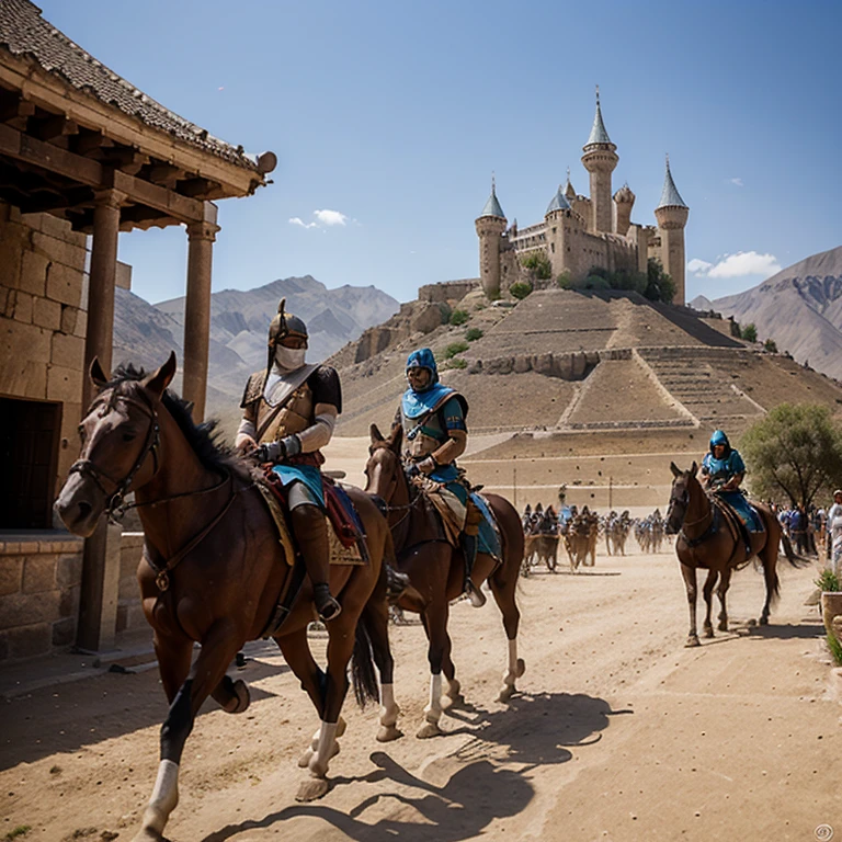 20 ancient Arabian masked soldiers next a big castle on the mountains