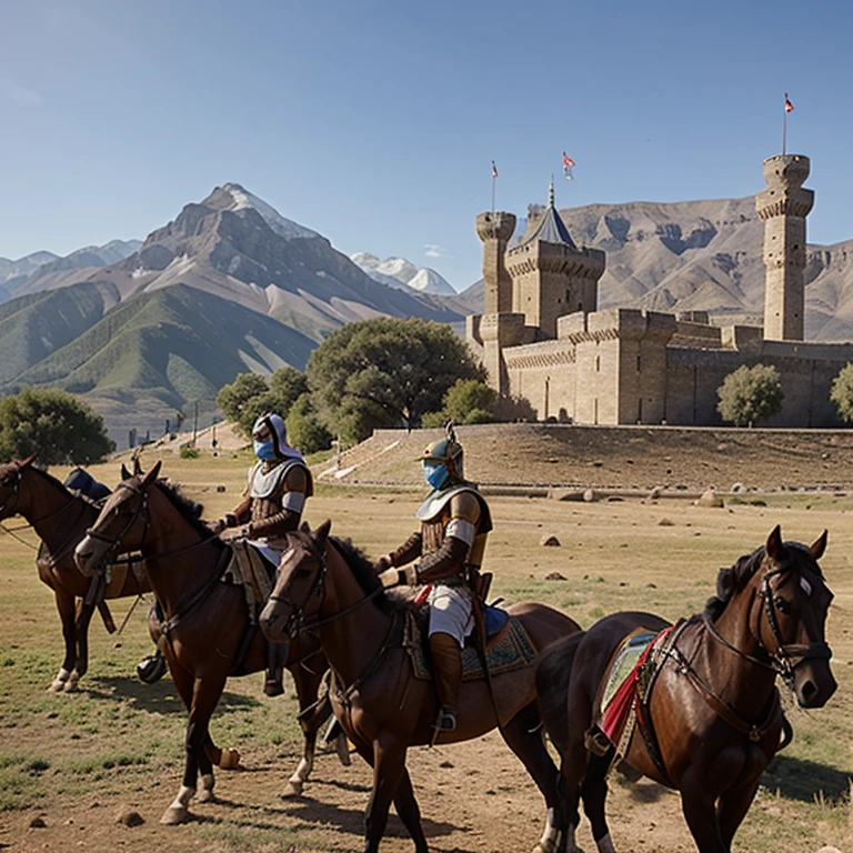 20 ancient Arabian masked soldiers next a big castle on the mountains